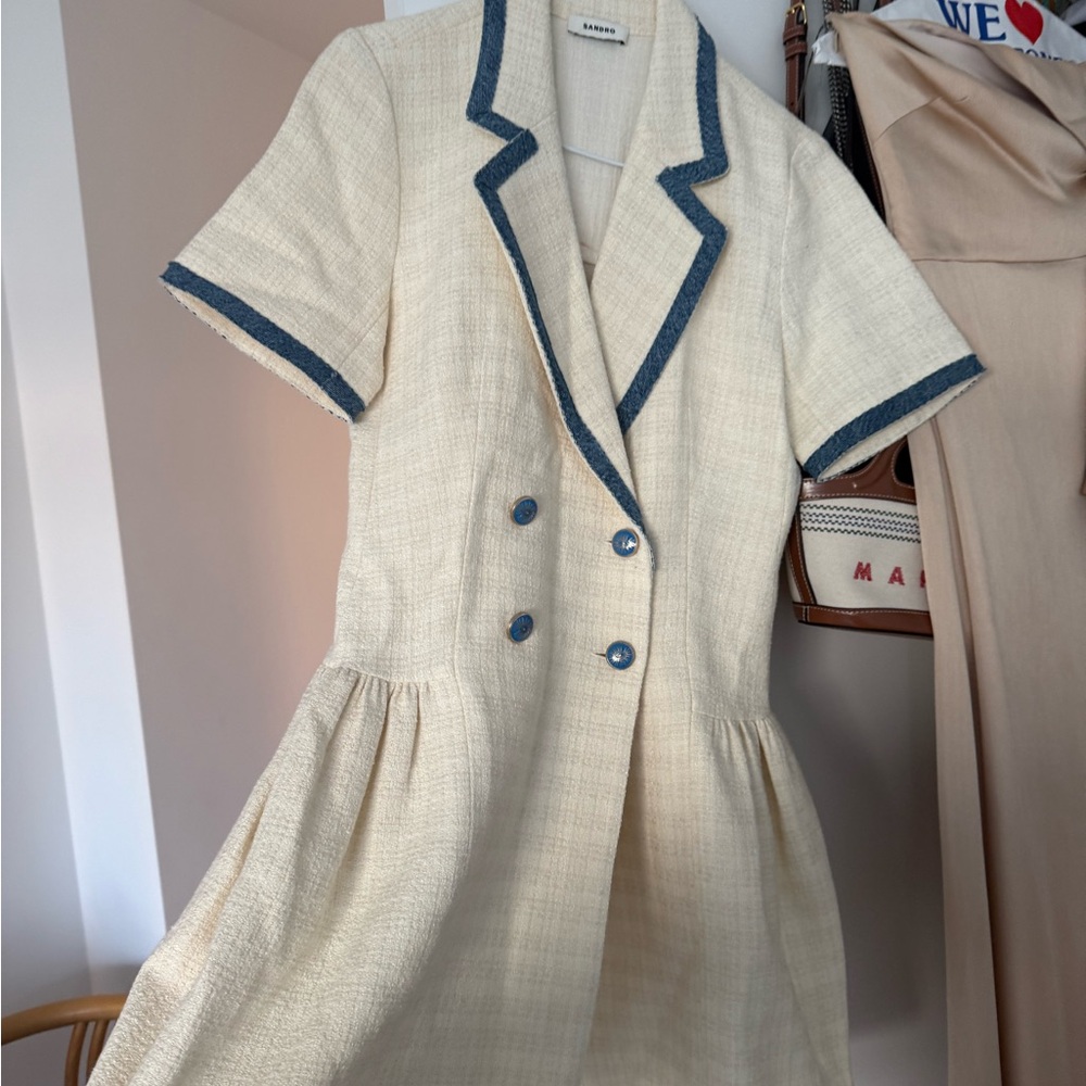 Sandro Cream Mini Dress with Blue Trim - Picture 6 of 6